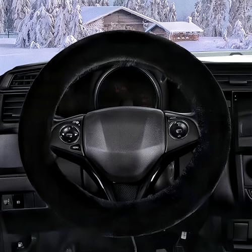 FINEVERNEK Plüsch Lenkradbezug, Winter Auto Lenkradschutz, Flauschige Lenkradabdeckung, Universal Plüsch Lenkradhülle, Warm rutschfest, Teleskop Abdeckung für Auto, 36-38cm(Schwarz)