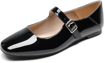 DREAM PAIRS Ballerines Femme Mary Jane à Bout Carré, Chaussures Plates Confortables à Enfiler pour Bureau, Travail, Sorties ou Tenue Quotidienne,Size 39,Noir-Pat,DWUMFA2520