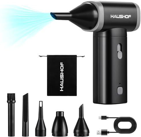 HAUSHOF 8V Electric Air Duster, 110000 RPM Powerful Dust Blower with Adjustable Speeds, Type-C Fast Charging & 4 Blow Nozzles, Compressed Air Duster for PC, Keyboard, Sofa, Car & Outdoor Cleaning