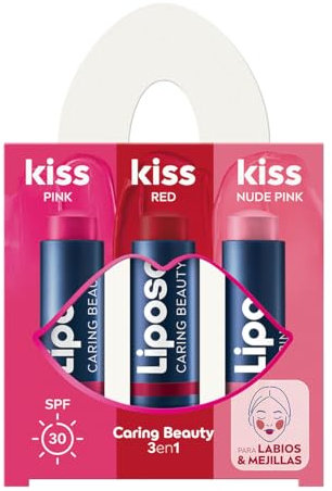 LIPOSAN Caring Beauty - Balsamo labbra 3 in 1, combina balsamo per labbra e fard in 3 tonalità (rosso, rosa e rosa nude), balsamo per labbra in stick 3 in 1 (3 x 4,8 g)