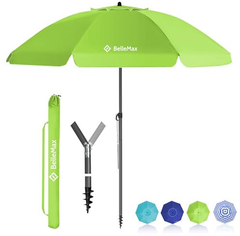 BelleMax Sonnenschirm Strand Windfest Stabil mit Bodenhülse & Schutzhülle 30° knickbar Sonnenschirm klein Rund Strandschirm Gartenschirm Marktschirm Sonnenschutz UV50+ Apfelgrün 180cm