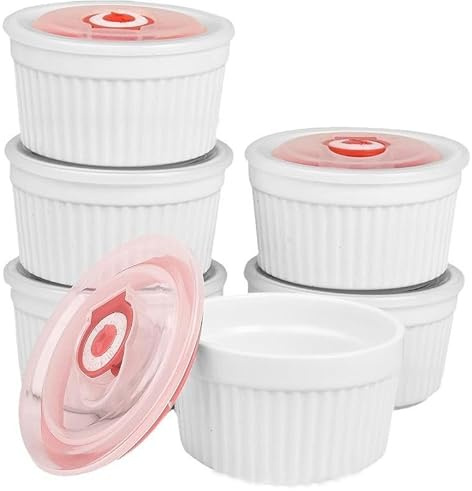 6 moldes de porcelana de 8 onzas con tapas, aptos para horno y lavavajillas, elegantes platos de cerámica blanca para hornear, para crema brulee, soufflé, salsas, postres