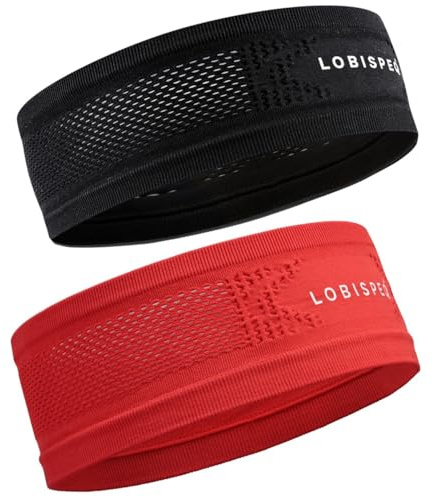 LOBISPEQ 2 x Sport-Stirnband, atmungsaktiv und bequem, aus Nylon + Spandex, für Laufen, Fitnessstudio, Haarband, für Herren, Schwarz und Rot