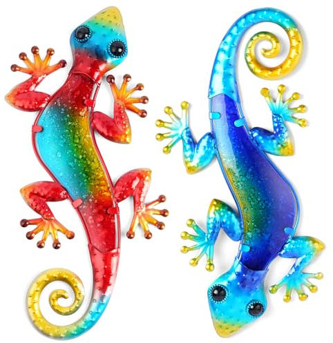 AOOSU Gecko av Metall, 2STYK Metallväggkonst Gecko, Gecko Väggskulptur av Metall för Balkong Veranda Altan Sovrum Trädgård Hecken Altan Skulptur (Röd + Mörkblå)