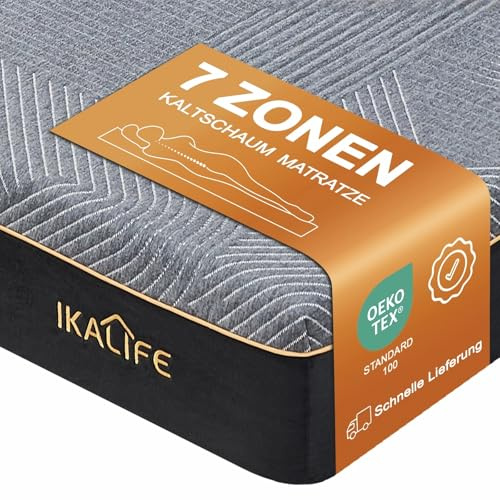 IKALIFE 7-Zonen Matratze Kaltschaum Kaltschaummatratze 160 x 200 cm, Gel Memory Foam Mattress, H3 Mittelfest Super Weich, 20 cm Hoch, Oeko-TEX 100 Zertifiziert, Atmungsaktive Rollmatratze, Schwarz