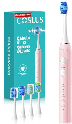 COSLUS C30 Electric Toothbrush for Adults & Kids: 3 Intensities & 5 Modes for Effective Yet Gentle Ultra-Clean Feel, 2 Types of Heads for Gentle or Daily Care, Travel & Home Use, Pink, 1PC