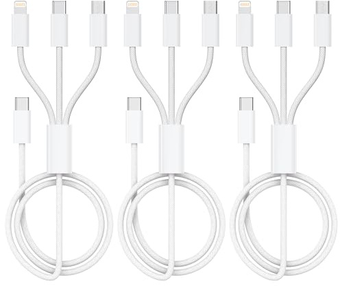 Uppsättning med 3 st USB C till multi-USB-kablar på 1,2 m - 3 i 1 - Snabb laddningskabel - Lightning-kabel - För iPhone, Android Galaxy, Huawei, Oneplus, Sony, Honor View
