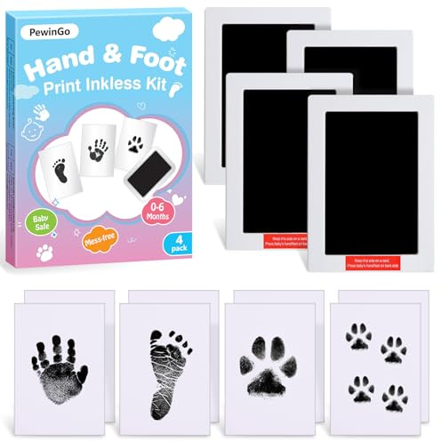 PewinGo Kit per Impronte di Mano e Piede per Bebè Taglia XL,4 Tamponi per Impronte senza Inchiostro,8 Carte per Impronte,sicuro per il Bebè,Regali di Ricordo per Neonat,Essenziali per Neonati,Nero