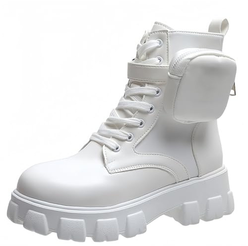 FQLGJMY Femmes Plateforme Lace-Up Combat Bottes rondes fermées orteil talon bas cheville bottes courtes avec poche poche mi-talon épaisse sole Punk moto automne hiver bottes