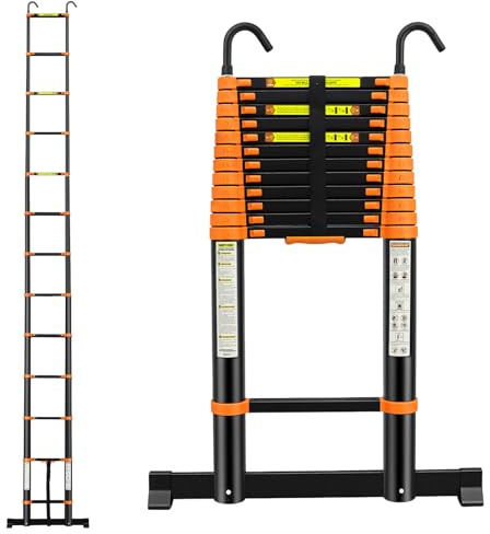 kisidus Échelle Télescopique 5m - Charge Max 150KG | Anti-Pincement, Anti-dérapant, Crochets Amovibles, Compact pour Toit Grenier Réparation
