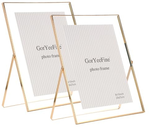 Gold 8x10'' Floating Frame Set of 2,For Photo Sizes(5x7'',6x8''&7x9''),Beautiful Metal Lace Edge Frames Adjustable Tabletop/Shelf Photo Frame,Classy Gift Choice for Wedding
