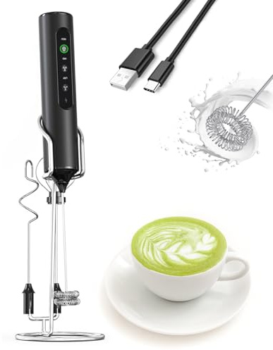 Espumador de Leche Eléctrico 3-en-1 con Soporte, Pantalla LED Recargable y 3 Velocidades - Batidor Portátil para Café, Batidos de Proteínas, Repostería - Hace Espuma para Latte, Matcha - Negro