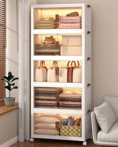 MUMUXIAO Grande boîte de rangement empilables avec couvercles, portes et roues, armoire de rangement pliable en plastique pour maison, bureau, dortoir (transparent, 60 x 33 x 152 cm)