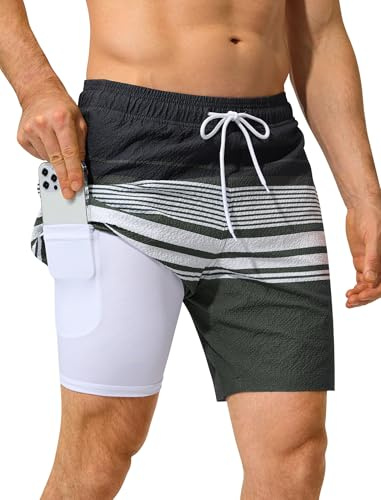 SILKWORLD Mens Swimmming Trunks 7 inch 2 in 1 Lined Swim Beach Shorts Quick Dry Swim Suit with Zipper Pockets, Graywhite Horizontal Stripe, Large