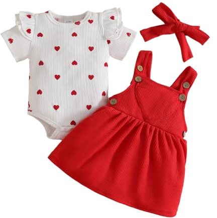 LUVCES 3 Piezas Conjunto Falda con Tirantes de Pana para Niña Recién Nacida Top Acanalado con Corazón y Diadema Ropa Bonita para Otoño e Invierno San Valentín