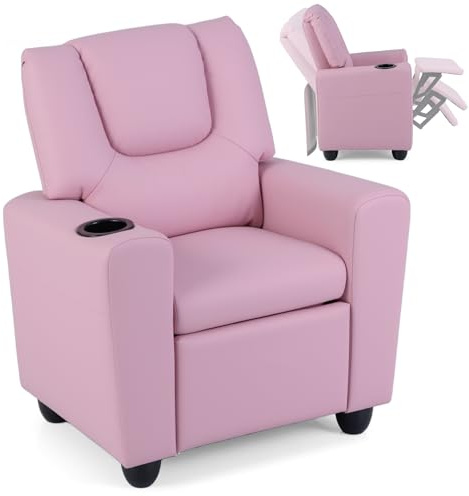 COSTWAY Sillón Reclinable para Niños, Sillón Reclinable con Portavasos y Reposapiés Ajustable para Sala de Estar y Área de Juegos, Silla para Niños de 3+ Años (Rosa)