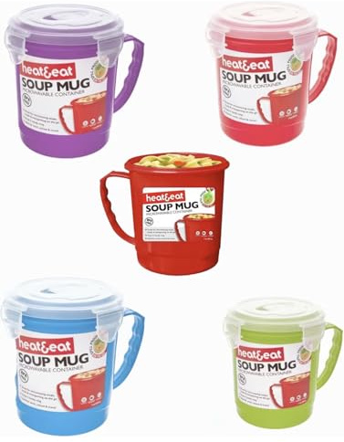Home Fittings ® 2x Pendeford Heat & Eat Soup Mug Microwave Safe Assorted Colours BPA Free Lid with Steam Vent Ideal for Soups and Noodles