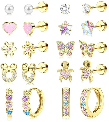 Adramata 10 par örhängen i kirurgiskt stål flickor 14K guldpläterade/silver allergivänliga örhängen barn kreoler flatback örhängen litet örhänge set hjärta blomma zirkon fjäril örhänge