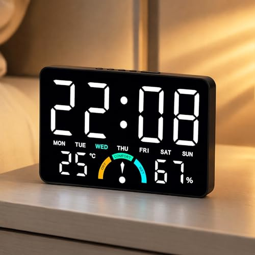 CEWROM Sveglia digitale con luce, grande orologio digitale a LED, sveglia moderna, orologio da tavolo con visualizzazione della temperatura e calendario, sveglia digitale radiocontrollata di