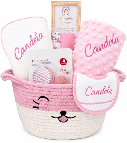 Canastilla Bebé Personalizada con Nombre Bordado | Regalo Recién Nacido | Cesta Bebé Premium con Manta Minky, Toalla, Babero, Muselinas y Accesorios | Danielstore (Rosa)