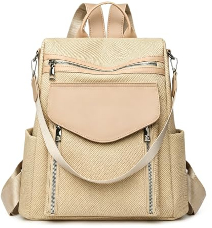 Kvinnors anti-stöld slittfast PU läder ryggsäck, Convertible Casual Travel Daypack axelvaska ryggsäck,Beige