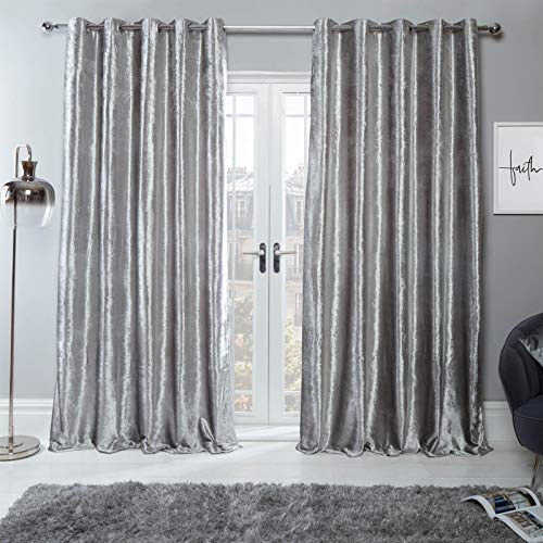 Sienna 2 Panel Crushed Velvet Curtain Eyelet Ring Top Pair of Fully Lined Curtains, Soft Luxury Thermal Insulated Curtains Window Treatment 46 x 54, Silver