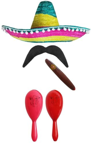 Ensemble d'accessoires de déguisement mexicain Sombrero mexicain + maracas + tash. Parfait pour les costumes mexicains, Senorita Bandit Mariachi (sombrero noir à pompons + maracas roses et rouges)
