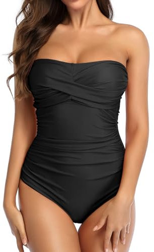 Smismivo Trägerloser Einteiliger Damen Badeanzugmit Bandeau Retro Bauchweg Schwimmanzug für Damen Vintage Ruched Einteilige Bademode Swimsuit Schwarz M
