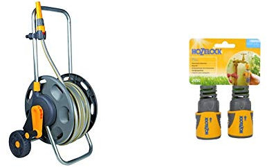Hozelock 60m Assembled Hose Cart with 50m Hose & HOZ2050AV Hose End Connector PLUS (12.5mm & 15mm) Twin Pack