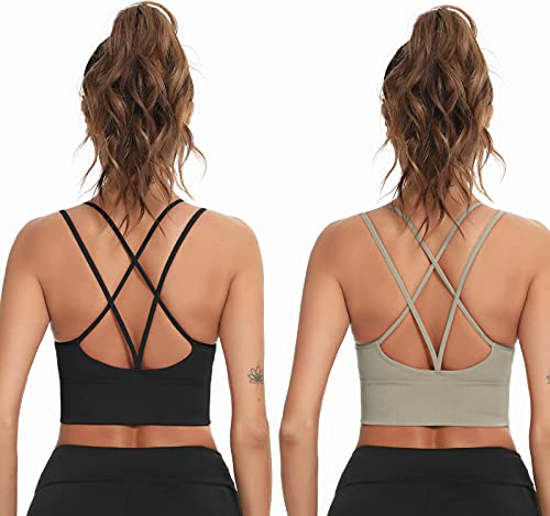 Enjoyoself dam sportbehå utan bygel push up vadderad chic bysthållare med remmar på baksidan, lätt behå topp för yoga träning, 2-svart + grön, L