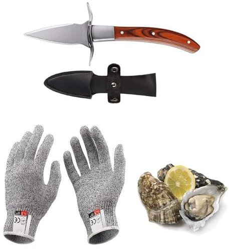 Austernmesser Oyster Knife Set Austernöffner Schnittfeste und Handschuhe für Muscheln Oder Hartkäse Geeignet Holzgriff Edelstahl (Rot, Grande/L)