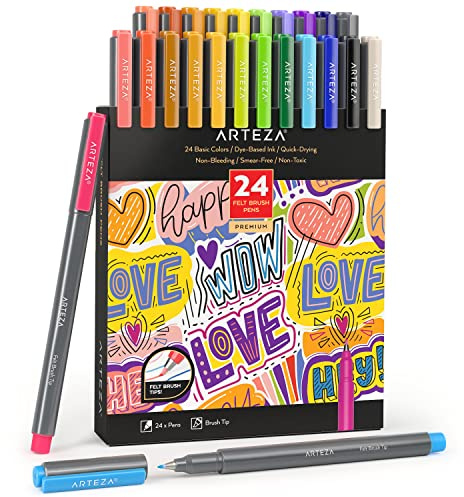 ARTEZA Felt Tip Pens, Set of 24 Basic Brush Tip Calligraphy Pens, Dye-Based Ink