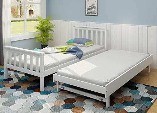 Panana Pull-Out Bed Solid Pine Wood 2 in 1 Bed for Kids, 2 Single Bed for Children, Trundle Bed (White)