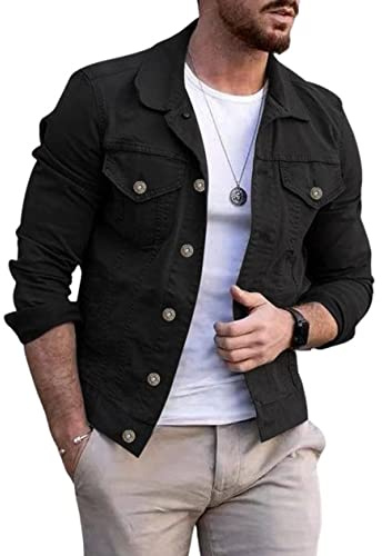 CHARTOU Men's Denim Jacket Casual Regular Fit Button Down Long Sleeve Jean Trucker Jacket (Medium, Black)