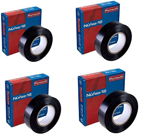 RASMACOR | Pack 4 unidades Cinta aislante negra de PVC Nuñez-Plymouth 5106 | 33m x 19mm x 0,15mm | Autoextinguible | Para todo tipo de aplicaciones mecánicas y eléctricas
