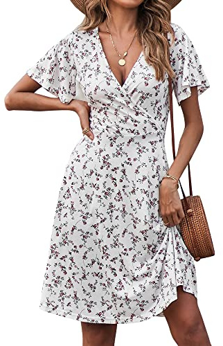 FENSACE - Vestido de Verano para Mujer, Manga Corta, Cuello en V, línea A, Vestido Midi de Verano
