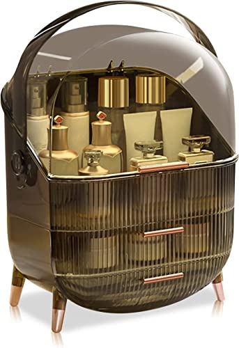 Kousee Sminkorganiserare, hudvårdsorganiserare, kosmetisk display fodral med dammfritt skydd, bärbart handtag, vattentät makeupbox för sminkbord badrumsskåp – retro brun