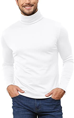 Hoefirm Maglietta da Uomo Maglioni Dolcevita con Collo Alto Maglia Manica Lunga Felpato Uomo T-Shirt Slim Fit Pullover Bianco XL