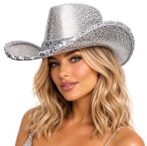 Wicked Costumes Women’s Silver Sequin Cowboy Hat – Sparkly Western Texan Cowgirl Hat for Festivals, Disco Parties, Nashville, Rodeo & Fancy Dress Costume Accessory