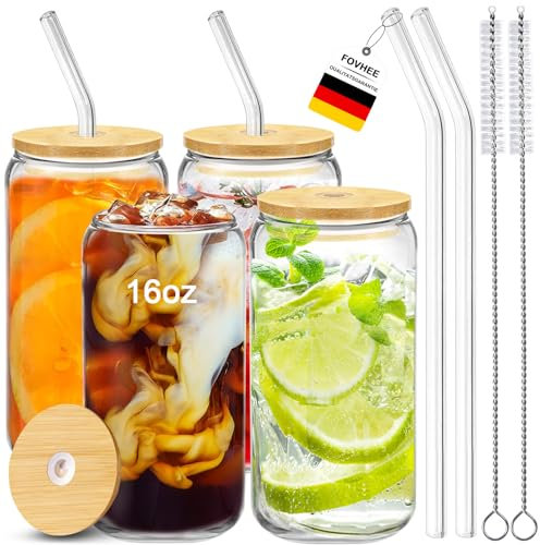 FOVHEE 4er Set Glas mit Deckel und Strohhalm,Trinkbecher mit Deckel und Strohhalm,500ml Bubble Tea Becher,Wiederverwendbare Trinkglas mit Strohhalm und Deckel für Cocktailglas,Kaffee,Smoothie Gläser