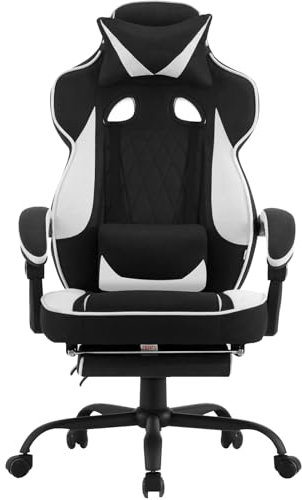 WOLTU Gaming Stuhl Stoff Atmungsaktiv Bürostuhl Gaming Chair Ergonomisch mit Lendenkissen, Gamer Stuhl 150 kg Belastbarkeit PC-Stuhl mit Große Rückenlehne & Sitzfläche, Schwarz+Weiß