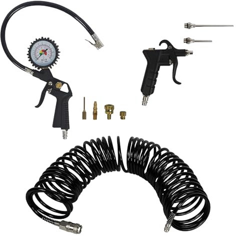 siwitec Kompressor Zubehör-Set: 10 m Druckluftschlauch, Druckluftpistole mit zwei Verlängerungen (6 und 10 cm) und Reifendruckprüfer bis max 12 bar mit vier Adaptern | Druckluftwerkzeug
