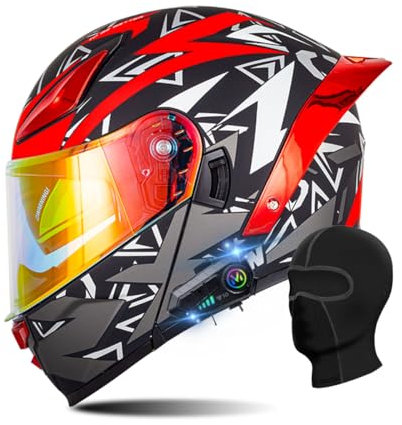 RQTEUYE Bluetooth Modular Motorcycle ECE Approved, Dual Visor Double Flip-Up Full Face Helmet Built-in Dual Speaker with Waterproof Bluetooth, for Adult Men Women (21.6-24.4in)