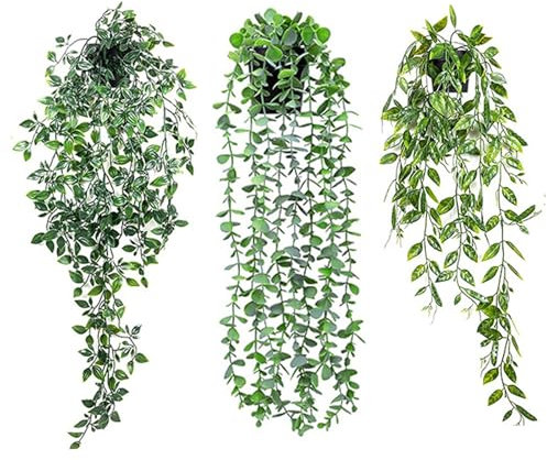 Künstliche Hängepflanze,Künstlicher Eukalyptus, Kunstpflanze Eukalyptus Blätter im Topf, Wartungsfreie Plastik Hängepflanzen Rebe für Wand Küche Veranda Hängekorb Dekoration