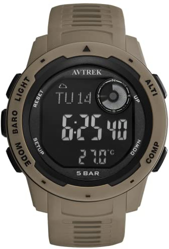 AVTREK Montre de sport multifonction avec altimètre, baromètre et thermomètre, 50 mètres d'étanchéité, 12/24 heures, chronomètre et réveil (marron)