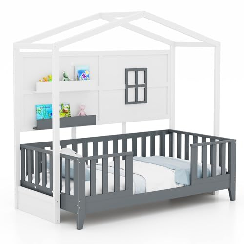 Maxmass Kids Single Bed Frame, Wooden Toddler Floor Bed with 2 Shelves and Guardrails, Solid Wood Children House Bed for Boys Girls, No Box Spring Needed