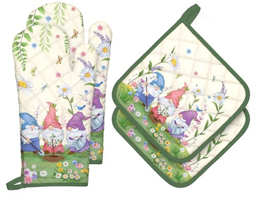 Arquiel Ofenhandschuh und Topflappen Frühling Gnom 4er Set, 100% Baumwolle Kochhandschuhe, Hitzebeständiger Küchenhandschuh Zum Kochen Backen Grillen Geschenk