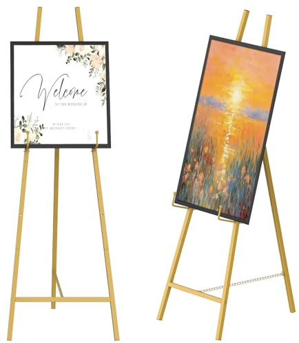 Metal Square Tube Scroll Display Easel, Vintage Gold Decorative Large Adjustable Floor Standing Easel with Chain Support, Perfect for Showcasing Pictures, Artwork, Picture Frame Wedding Sign Etc