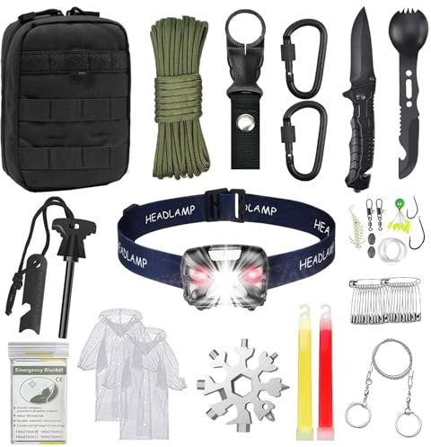 AuRiver Kit de survie d'urgence avec lampe frontale LED rechargeable, kit de premiers secours pour voyage, randonnée, camping en montagne