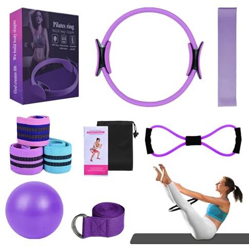 Better - Kit de pilates, kit esencial de pilates para mujeres, bandas de glúteos para entrenar glúteos, pelota de yoga, 25 cm, figura 8, banda de resistencia, bandas de yoga para estiramiento (morado)